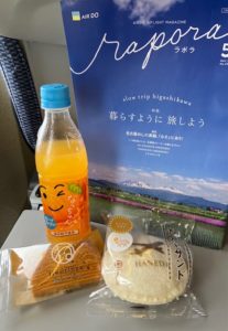 今回購入したポケットサンド、バウムクーヘン、オレンジジュースと機内誌rapora
